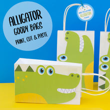 Load image into Gallery viewer, Chomp! Chomp! There's a party in the swamp! Use this template to decorate the favor bags for your Alligator birthday party. This PDF file also includes editable tags, to add the names of your guests or your child's name.