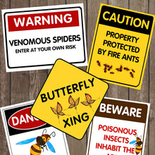 Load image into Gallery viewer, Decorate your Bug Party Theme with these creepy, crawly and fun party signs.   You will receive a PDF file formatted 8 ½in X 11in with 5 different Bug Warning Signs. 