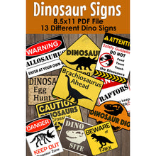 Load image into Gallery viewer, Decorate your Dinosaur Party Theme with these fun PDF template party signs.   You will receive over 10 different Dinosaur Warning Signs. 