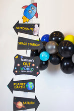 Load image into Gallery viewer, Decorate your Space Party with these fun directional signs.  This is an Editable PDF File, so you can personalize it and add your child's name.