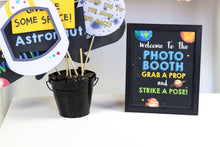 Load image into Gallery viewer, Party guests will love these fun Space Props, this will encourage your guests to post fun selfies. This also includes a bonus photo prop sign.