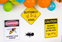 Load image into Gallery viewer, Decorate your Bug Party Theme with these creepy, crawly and fun party signs.   You will receive a PDF file formatted 8 ½in X 11in with 5 different Bug Warning Signs. 