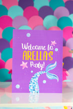 Load image into Gallery viewer,  Splish, splash it's a mermaid and shark bash!! Use this template to decorate your kids under the sea birthday party. Some of the the designs in this package can be personalized with name and/or age.