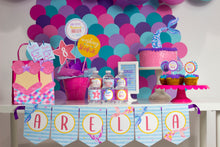 Load image into Gallery viewer,  Splish, splash it's a mermaid and shark bash!! Use this template to decorate your kids under the sea birthday party. Some of the the designs in this package can be personalized with name and/or age.