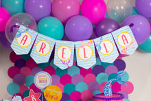 Load image into Gallery viewer,  Splish, splash it's a mermaid and shark bash!! Use this template to decorate your kids under the sea birthday party. Some of the the designs in this package can be personalized with name and/or age.