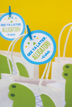 Load image into Gallery viewer, Chomp! Chomp! There's a party in the swamp! Use this template to decorate the favor bags for your Alligator birthday party. This PDF file also includes editable tags, to add the names of your guests or your child's name.