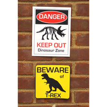 Load image into Gallery viewer, Decorate your Dinosaur Party Theme with these fun PDF template party signs.   You will receive over 10 different Dinosaur Warning Signs. 