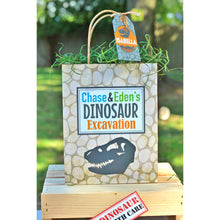 Load image into Gallery viewer, Personalized Favor Bags to fill up with goodies and treats for your Dinosaur Party. These bags come in two sizes and include personalized tags to add your guest names or child name.