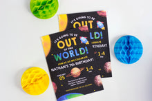 Load image into Gallery viewer, These invitations are outta this world!! Use this PDF template for your next Solar System Party. It also includes thank you cards.