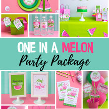 Load image into Gallery viewer, Celebrate a year of sweet fun, your little melon is one! Decorate your watermelon party with this PDF template. Some of the the designs in this package can be personalized with name and/or age.