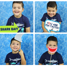 Load image into Gallery viewer, These jaw-some photo props will surely bring fun to your Shark Party Theme. You will receive a PDF file formatted on 8 ½" X 11" with 8 different Shark Photo Props. It also includes "Take a Prop Shark a Pose" Sign. Print as many copies as you desire then paste on dowel sticks.