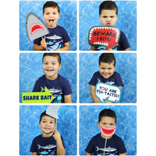 Load image into Gallery viewer, These jaw-some photo props will surely bring fun to your Shark Party Theme. You will receive a PDF file formatted on 8 ½" X 11" with 8 different Shark Photo Props. It also includes "Take a Prop Shark a Pose" Sign. Print as many copies as you desire then paste on dowel sticks.
