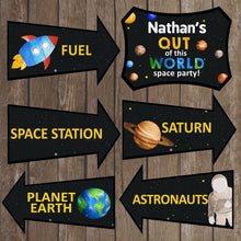 Load image into Gallery viewer, Decorate your Space Party with these fun directional signs.  This is an Editable PDF File, so you can personalize it and add your child's name.