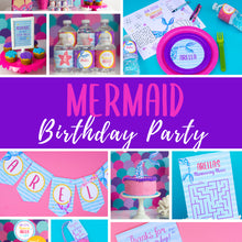 Load image into Gallery viewer,  Splish, splash it's a mermaid and shark bash!! Use this template to decorate your kids under the sea birthday party. Some of the the designs in this package can be personalized with name and/or age.