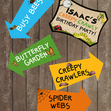 Load image into Gallery viewer, Decorate your Bug Party with these fun directional signs.  This is an Editable PDF File, so you can personalize it and add your child's name.