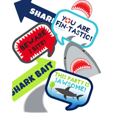 Load image into Gallery viewer, These jaw-some photo props will surely bring fun to your Shark Party Theme. You will receive a PDF file formatted on 8 ½" X 11" with 8 different Shark Photo Props. It also includes "Take a Prop Shark a Pose" Sign. Print as many copies as you desire then paste on dowel sticks.