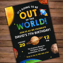 Load image into Gallery viewer, These invitations are outta this world!! Use this PDF template for your next Solar System Party. It also includes thank you cards.